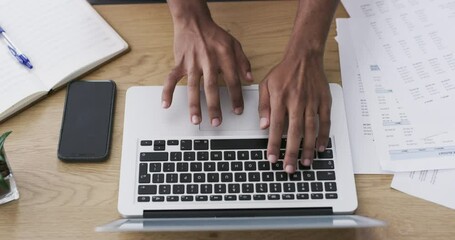 Poster - Hands, laptop and documents for finance, accounting and taxes research, management or planning at desk above. Business person typing on computer with paperwork, budget report or project invoice