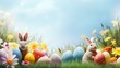 Easter delight: vibrant banner with eggs, bunnies, and blooms, creating a joyful atmosphere. Ample copy space for your easter greetings and wishes