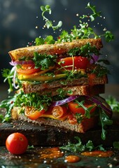 Wall Mural - explosion of a flying, delicious, juicy vegetarian avocado sandwich on toasted sourdough bread lettuce, tomatoes, purple onion, and sprouts, splattering and exploding in all directions
