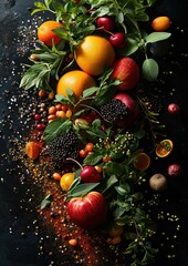 Wall Mural - fruits vegetables herbs spices garnishings tossed up in the air, black background