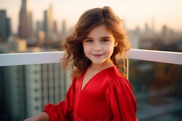 Wall Mural - portrait of a beautiful little girl in a red dress on the balcony