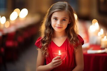 Portrait of a beautiful little girl in a red dress with a candle in her hands.