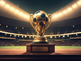 Fototapeta Sport - Golden soccer winners cup over soccer stadium. Generative Ai