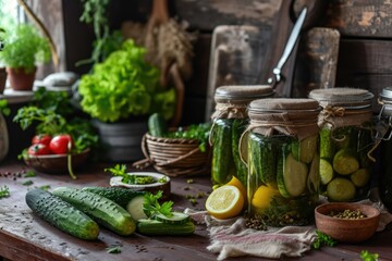 Poster - Glass jars with pickled cucumbers. Marinated pickled cucumbers.