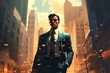 Illustrated businessman standing strong amidst a bustling cityscape