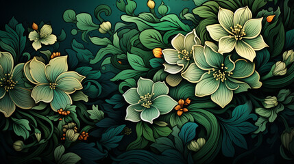 Wall Mural - green floral lineart background