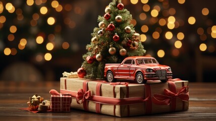 Canvas Print - Illuminated Christmas Tree with Car and Festive Decorations