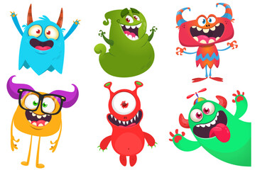 Sticker - Cute cartoon Monsters. Set of cartoon monsters: goblin or troll, cyclops, ghost,  monsters and aliens. Halloween design. Vector illustration isolated