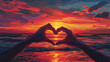 Illustration of two hands forming a heart shape at sunset above ocean representing love