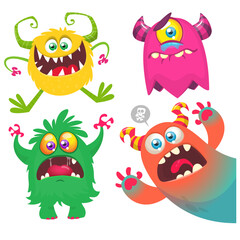 Poster - Funny cartoon monsters with different face expressions. Set of cartoon vector funny monsters characters. Halloween design for party decoration, stickers or package