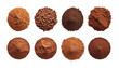 collection of cocoa powder isolated on transparent background cutout