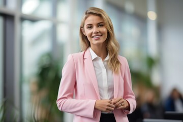 Poster - business, people and office concept - smiling businesswoman in suit over office background