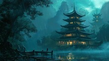 A Mysterious Temple Located In A Misty Forest. Seamless Looping Time-lapse Virtual Video Animation Background.	