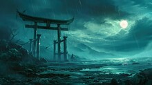 A Torii Gate Located On The Edge Of A Mysterious Sea. Seamless Looping Time-lapse Virtual Video Animation Background.	