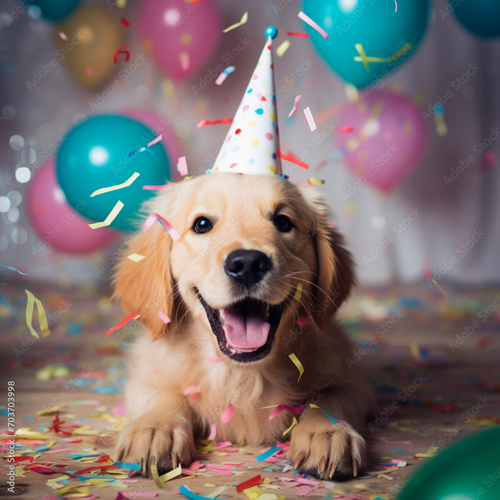 cute golden retriever puppy in a party hat celebrating his birthday ...