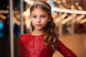 portrait of a beautiful little girl in a red dress with a crown.