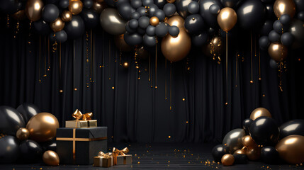 Luxurious backdrop curtain with balloons, arrangements and decor. Photo-wall decoration for celebrate, wedding, birthday, holiday party. Beautiful decorative celebration concept. Generative AI