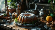 Homemade bundt cake on a rustic wooden background. Rustic style.