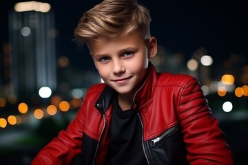 Portrait of a handsome young boy in a red leather jacket.