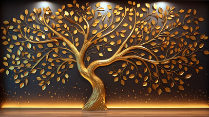 golden tree with leaves on hanging branches illustration backgro