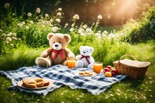Teddy Bear On The Grass And Picnic Party