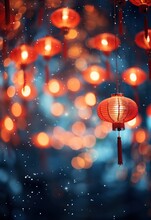 Lunar New Year Holiday Background. Red Chinese Lanterns On Beautiful Bokeh Background With Copyspace For Your Greetings Text.
