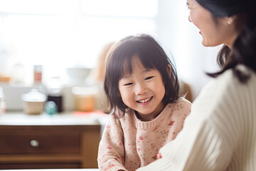 Sticker - A joyful Japanese mother and her adorable daughter share laughter and love indoors, fostering a close bond.