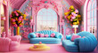 Unique design scene with pillow sofa in a colorful room interior