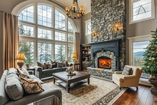 Beautiful Living Room In New Traditional Style Luxury Home With Stone Fireplace Surround, Vaulted Ceilings, And Elegant Furnishings