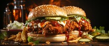 Fresh Crispy Fried Chicken Burger Sandwich With Flying Ingredients