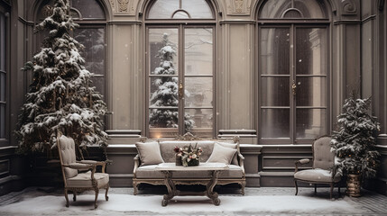 Wall Mural - Cozy winter living room with Christmas tree. Christmas and New Year concept