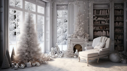 Wall Mural - Cozy winter living room with Christmas tree. Christmas and New Year concept