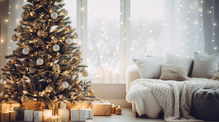 Wall Mural - Cozy winter living room with Christmas tree. Christmas and New Year concept