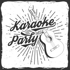 Wall Mural - Karaoke party poster, banner. Retro classical acoustic guitar with sunburst vintage typography design for t shirt, emblem, logo, badge design. Vector illustration