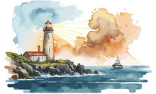 Watercolor Seascape With Rocks And An Old Lighthouse On The Background Of The Sea With Copy Space, Illustration