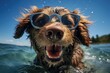 Cute brown dog in sunglasses swimming in the sea. Photo shows dog doing doggy paddle close up face concentrating. First time swimming. Puppy swim class. Dog on holiday in sea.