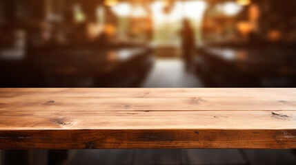 Wall Mural - empty top wooden table in cafe background with lights