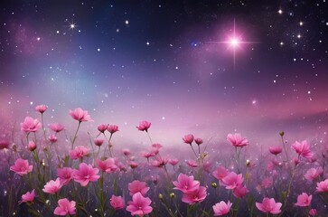 Starry Blooms: Abstract Background with Pink Flowers and Night Sky. 