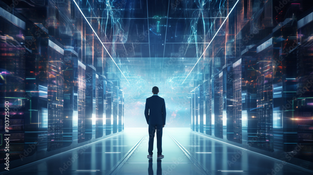 Futuristic Concept Data Centre. Technology Officer Standing In Warehouse, Information Digitalization Lines Streaming Through Servers. SAAS, Cloud Computing, Web Service 