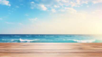 Wall Mural - Wood table top on blur sparkling sea water and summer