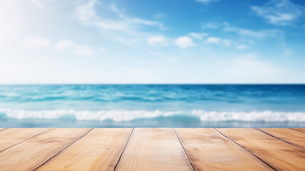 Wall Mural - Wood table top on blur sparkling sea water and summer with bright blue sky