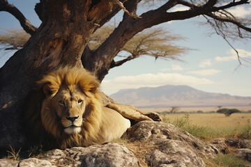 Aufkleber - A majestic lion resting under a tree in the African savanna.
