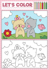 Wall Mural - Saint Valentine coloring page for children with cute kawaii scene with cat couple. Vector love holiday outline illustration. Color book for kids with colored example. Drawing skills worksheet.