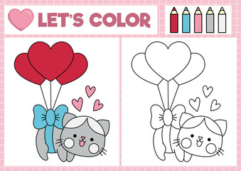 Wall Mural - Saint Valentine coloring page for children with cute kawaii cat flying on heart shaped balloons. Vector love holiday outline illustration. Color book for kids with colored example. Drawing worksheet.
