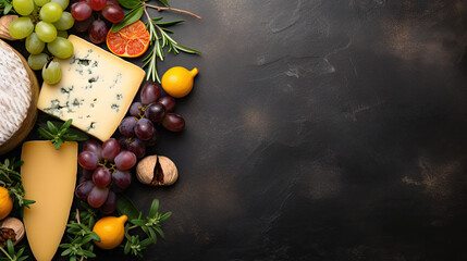 Wall Mural - Cheese ingredients with vegetables, grapes, herbs on dark slate background. copy space for text