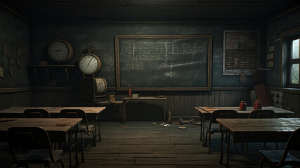 old school classroom with blackboard on the wall