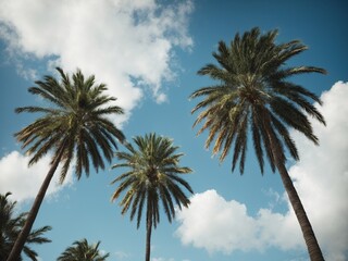 Palm trees in summer with clear blue sky, photo taken from ground looking up, tropical vacation generative AI