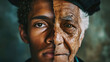© Ian - Half Young, Half Elderly - close-up dramatic portrait of a person with their face evenly divided into a young and elderly half Gen AI