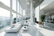 Inside a luxurious White living room. White room with a high ceiling and a classic modern look. white furniture.