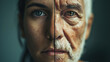 Contrast of Ages - close up portrait of a person with their face evenly divided into a young and elderly half Gen AI